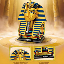 Lego moc masque toutankhamon en lego doré et bleu avec motifs détaillés de cobra et vautour pour décoration