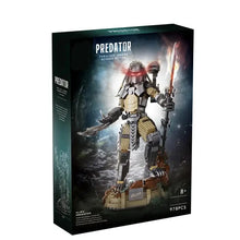 Lego moc predator action figure with detailed armored suit in metallic gray and tan panels representing moc predator alien