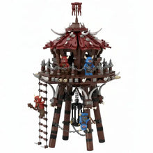 Lego moc tour de tir à l’arc bokoblin zelda botw avec tour rouge et brune à plusieurs niveaux et figurines minifigures