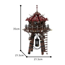 Détail lego moc tour de tir à larc bokoblin zelda botw arbre fantastique marron et rouge avec toit bois de cerf chaînes et échelle