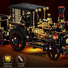 Lego moc voiture vapeur mécanique vintage en noir et or avec détails mécaniques complexes et éclairage intérieur