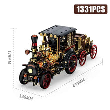 Lego moc voiture vapeur vintage en briques plastiques noires et dorées avec accents rouges détaillée et mécanique