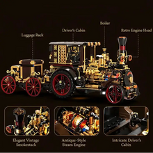Lego moc voiture vapeur vintage en or et noir avec roues rouges et détails mécaniques complexes en lego moc
