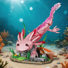 Lego mog animal axolotl rose en briques interconnectées avec branchies rouges, idéal magasins de jouets et déguisement carnaval