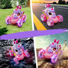 Voiture télécommandée licorne rechargeable avec roues translucides lumineuses en rose et violet rotation 360 degrés