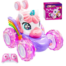 Voiture télécommandée licorne rechargeable à rotation 360° rose et violet avec roues translucides lumineuses et corne turquoise