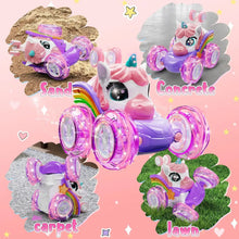 Voiture télécommandée licorne rechargeable avec roues translucides pailletées et crinière arc-en-ciel rose et violet