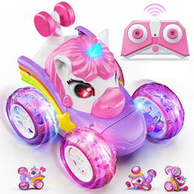 Voiture télécommandée licorne rechargeable à rotation 360° rose et violet avec roues arc-en-ciel lumineuses et leds intégrées