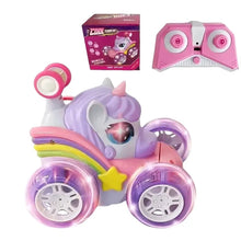 Voiture télécommandée licorne rechargeable rose et violette avec roues lumineuses et accents arc-en-ciel rotation 360°