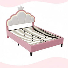 Lit enfant princesse rose avec dossier rembourré en forme de nuage blanc et led intégrée orné de perles dorées