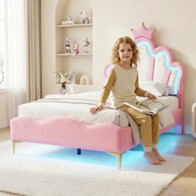 Lit enfant princesse en velours rose avec tête de lit couronne et LED bleu intégrées sur les bords