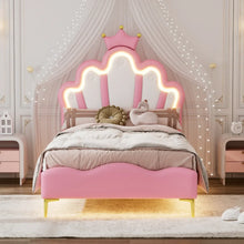Lit enfant princesse rose avec tête de lit en forme de couronne et leds douces intégrées aux bordures et base