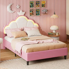Lit enfant princesse peach avec tête de lit capitonnée blanche et éclairage led lumineux en forme de nuage rose