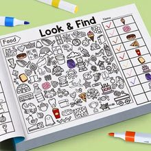 Livre cherche et trouve à colorier avec dessins alimentaires en noir et grille de coche pour objets cachés et carnaval