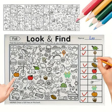 Livre cherche et trouve à colorier avec illustrations noir et blanc et checklist objets cachés thème déguisement carnaval