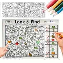 Livre cherche et trouve à colorier avec illustrations en noir et blanc et checklist d’objets cachés pour enfants