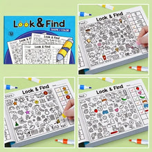 Livre cherche et trouve à colorier bleu avec 32 pages et illustrations en noir et blanc pour jeux de objets cachés