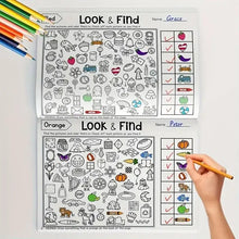 Page du livre cherche et trouve à colorier avec une activité orange d’objets cachés et déguisement carnaval