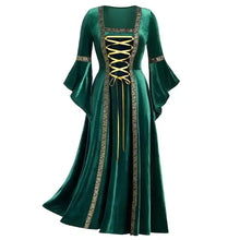 Robe longue médiévale en velours vert émeraude avec laçage doré et bordures ornées pour Halloween