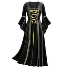 Robe longue médiévale en velours noir avec laçage doré et bordure ornée pour halloween femme