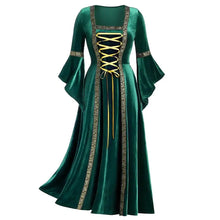 Robe longue médiévale verte émeraude en velours avec laçage doré et bordure riche pour halloween