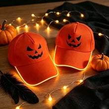 Casquette lumineuse orange avec visage de citrouille noir et bordure jaune clignotante avec piles cr2032 pour halloween