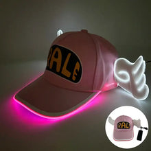 Casquette lumineuse rose avec ailes lumineuses et logo rale jaune sur noir pour fêtes et halloween avec clignotement lent et piles cr2032