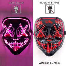 Masque intégral lumineux halloween noir avec effet néon x yeux et bouche cousue en rose rouge alimenté par piles aaa visible allumé et éteint