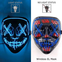 Masque intégral lumineux noir avec effet néon bleu formant un visage menaçant et accents rouges piles aaa