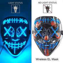 Masque intégral lumineux noir avec effet néon bleu formant un visage cousu utilisé pour halloween fonctionnant avec piles aaa