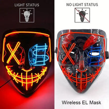 Masque intégral lumineux noir avec effet néon orange et bleu formant un visage menaçant pour halloween piles aaa
