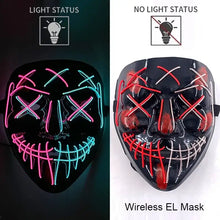 Masque intégral lumineux noir avec effet néon à fils roses, cyan, rouges et blancs fonctionnant avec piles aaa pour halloween