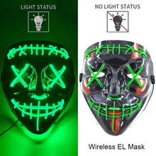 Masque intégral lumineux noir avec effet néon et piles aaa leds vertes formant visage x et bouche cousue pour halloween