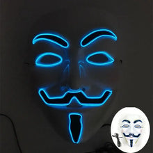 Masque lumineux inspiré de guy fawkes bleu avec contours néon lumineux pour halloween
