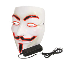 Masque lumineux v pour vendetta blanc avec contours néon rouges et noirs inspiré du classique guy fawkes pour halloween
