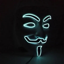 Masque lumineux v pour vendetta avec base noire et traits faciaux illuminés en vert néon pour halloween