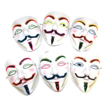 Masque lumineux inspiré de v pour vendetta avec motifs colorés et moustaches noires pour halloween
