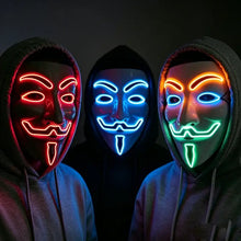 Trois masques lumineux inspirés de guy fawkes en led rouge bleu et orange-vert pour halloween