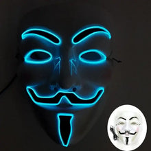 Masque lumineux inspiré du classique guy fawkes avec contours bleus lumineux pour halloween sur fond sombre