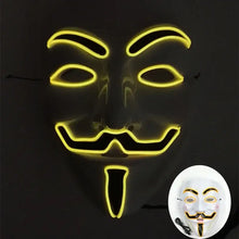 Masque lumineux inspiré du v pour vendetta jaune avec visage noir et moustache éclairée pour halloween