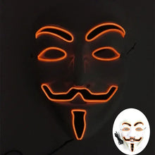Masque lumineux inspiré de v pour vendetta avec lumière led orange et contour néon pour halloween