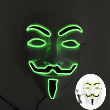 Masque lumineux v pour vendetta vert avec led, contour noir et cordon d alimentation pour halloween
