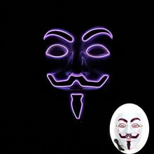Masque lumineux inspiré de guy fawkes violet avec contours néon lumineux pour halloween vente v pour vendetta
