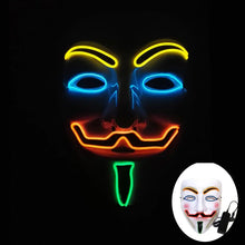Masque lumineux inspiré de v pour vendetta avec led néon jaune, bleu, orange et vert pour halloween