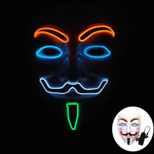 Masque lumineux inspiré du visage de guy fawkes avec led orange bleu et vert pour halloween