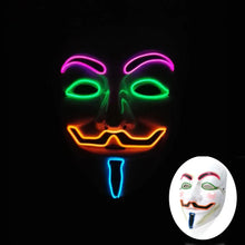 Masque lumineux inspiré du masque v pour vendetta avec base blanche et led violet, vert, orange et bleu pour halloween