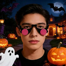 Lunettes halloween à yeux rouges lumineux avec monture noire et verres ronds roses éclatants