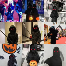 Costume de faucheur noir à capuche avec yeux rouges lumineux et faux pour lunettes halloween à yeux rouges lumineux