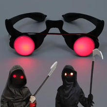 Lunettes halloween à yeux rouges lumineux avec monture noire et verres circulaires rouges lumineux style faucheur