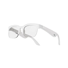Lunettes connectées blanches avec connexion bluetooth et lentilles transparentes pour lappareil associés et traduction ia